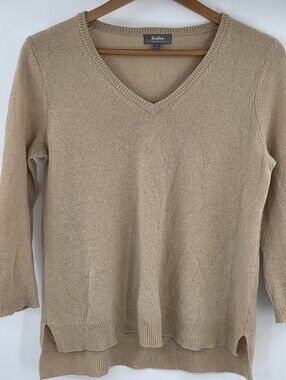 Neiman Marcus 100% Cashmere Tan Vneck Pullover Cardigan Sweater Women's Small S